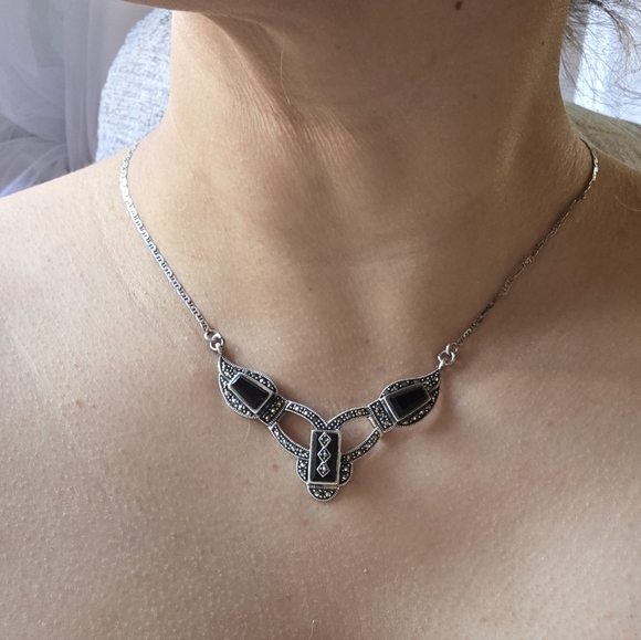 Post 1940's Vintage onyx & marcasite necklace art deco 925. A REAL BEAUTY! - Picture 6 of 13